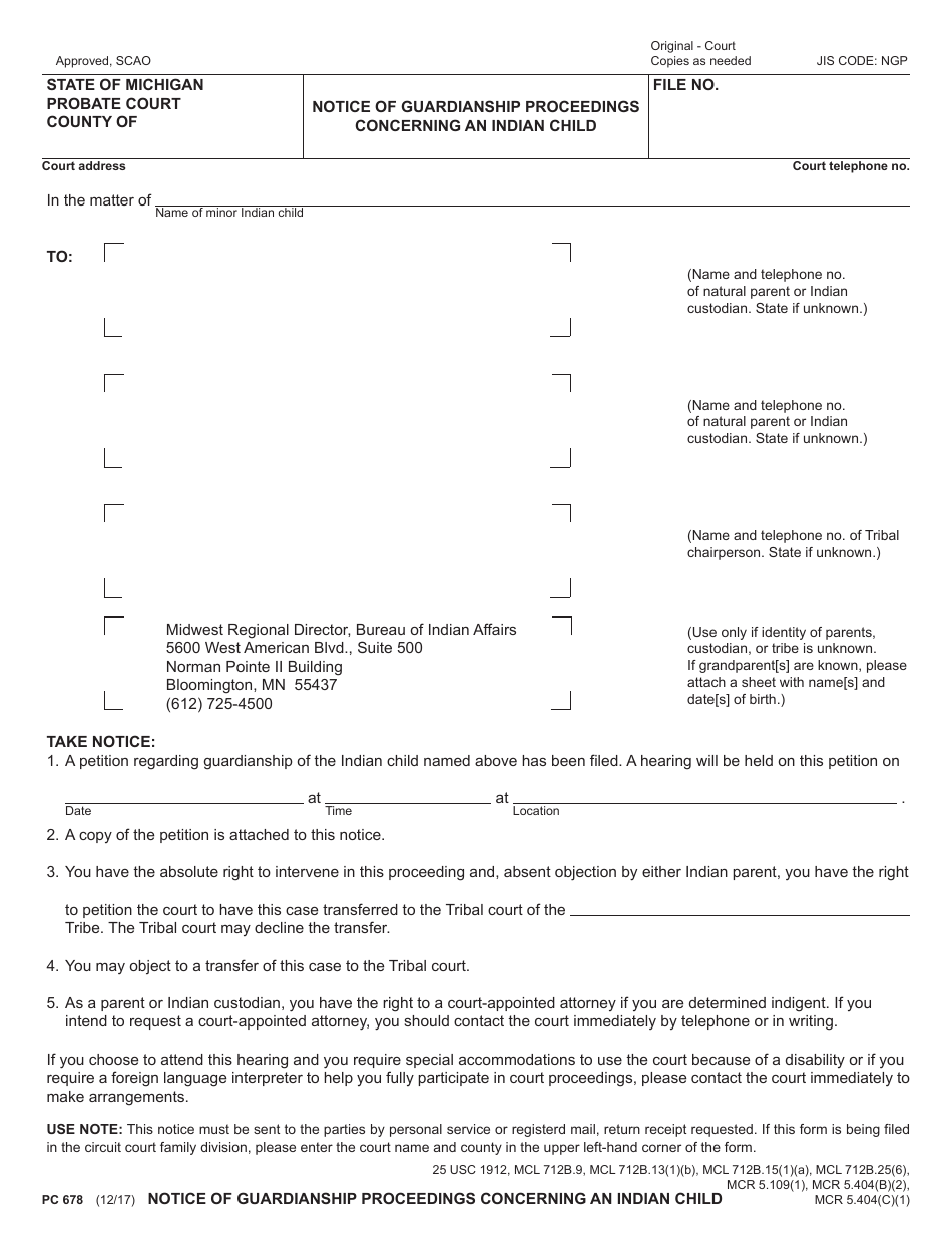 Form PC678 Notice of Guardianship Proceedings Concerning an Indian Child - Michigan, Page 1
