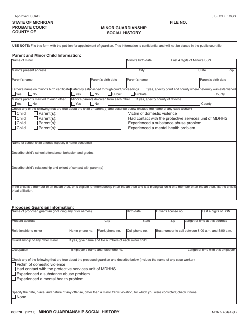 Form PC670 Minor Guardianship Social History - Michigan