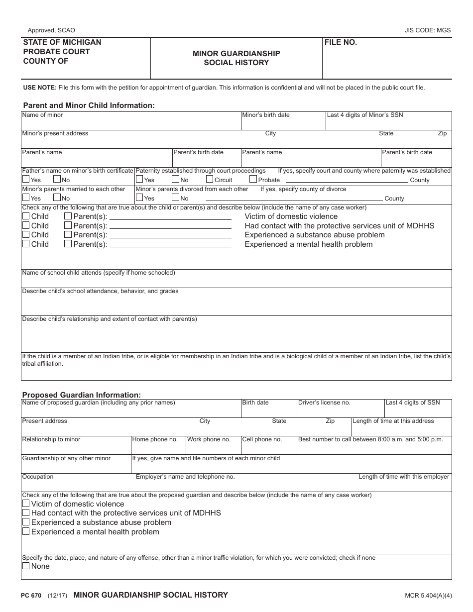 Form PC670 Minor Guardianship Social History - Michigan, Page 1