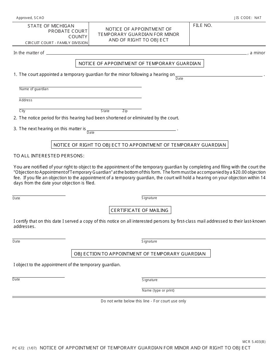 Form PC672 Notice of Appointment of Temporary Guardian for Minor and of Right to Object - Michigan, Page 1