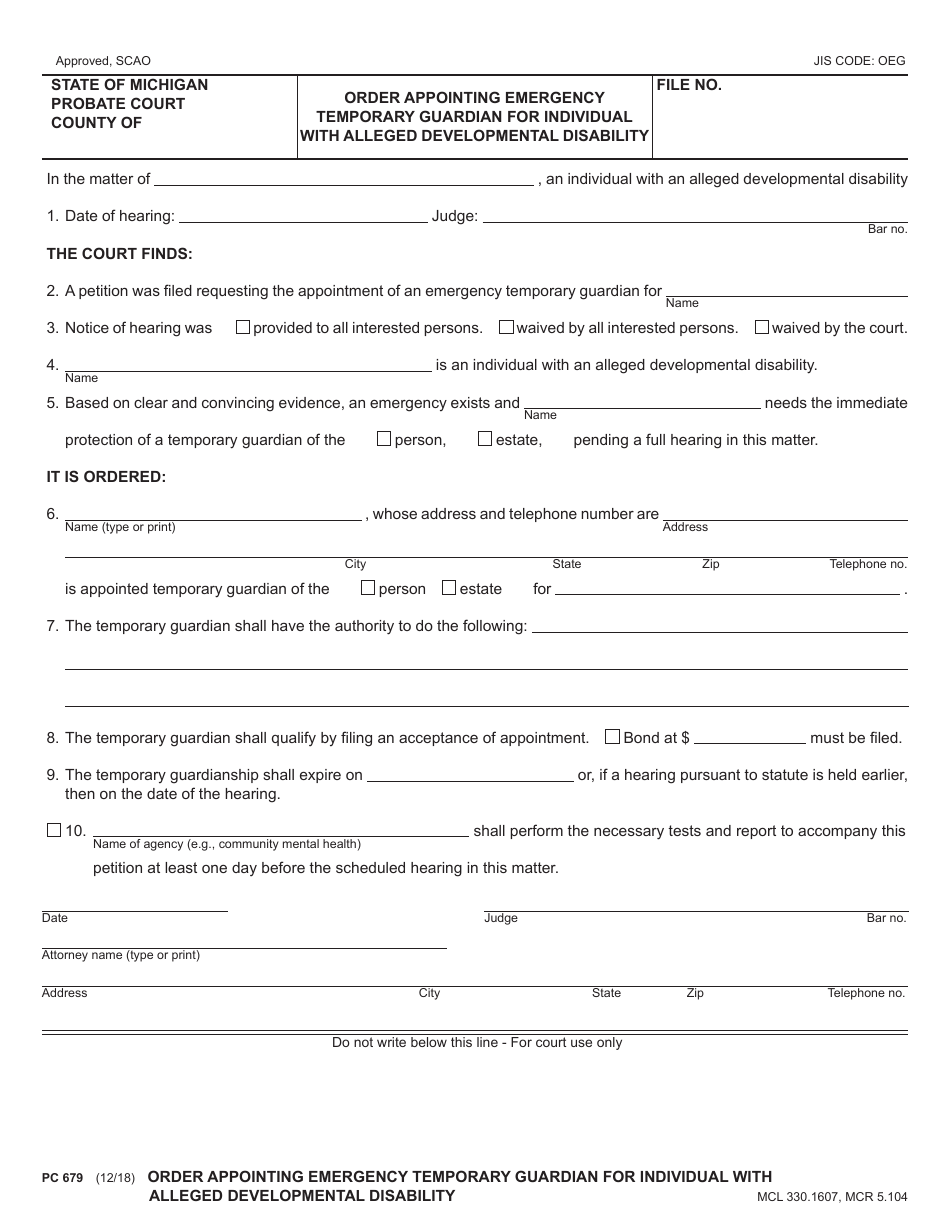 Form PC679 Order Appointing Emergency Temporary Guardian for Individual With Alleged Developmental Disability - Michigan, Page 1