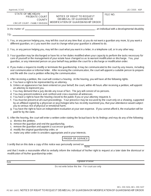 Form PC661 Notice of Right to Request Dismissal of Guardian or Modification of Guardianship Order - Michigan