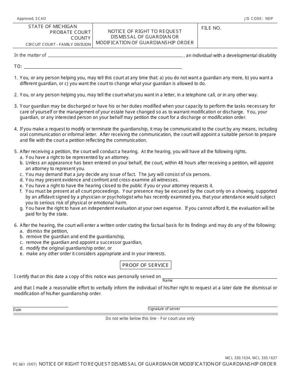Form PC661 Notice of Right to Request Dismissal of Guardian or Modification of Guardianship Order - Michigan, Page 1