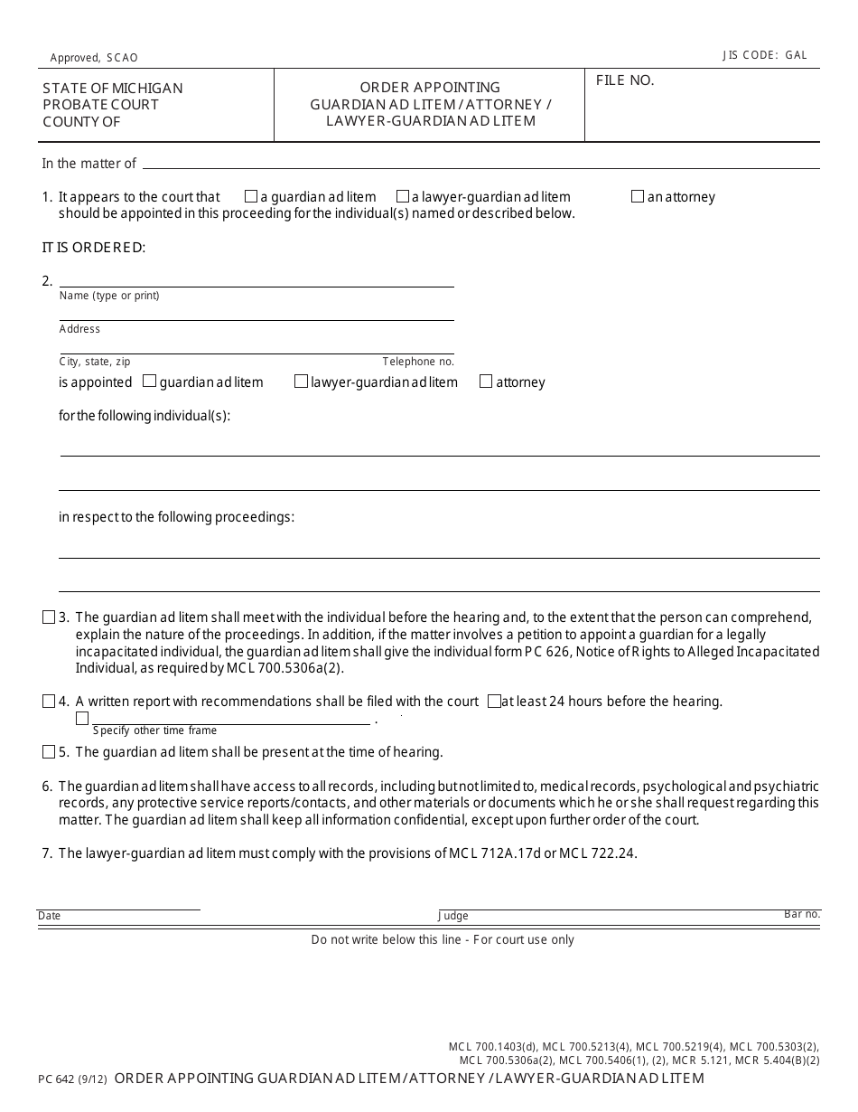 Form PC642 Order Appointing Guardian Ad Litem / Attorney / Lawyer-Guardian Ad Litem - Michigan, Page 1