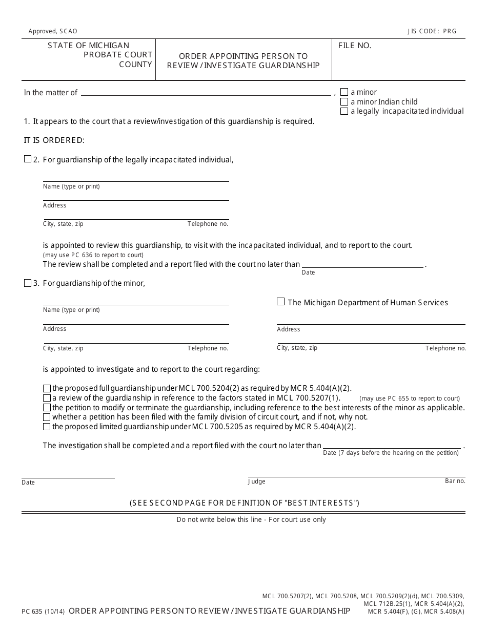 Form PC635 Order Appointing Person to Review / Investigate Guardianship - Michigan, Page 1