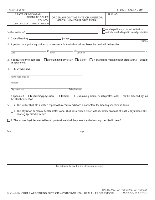 Form PC629 Order Appointing Physician/Visitor/Mental Health Professional - Michigan