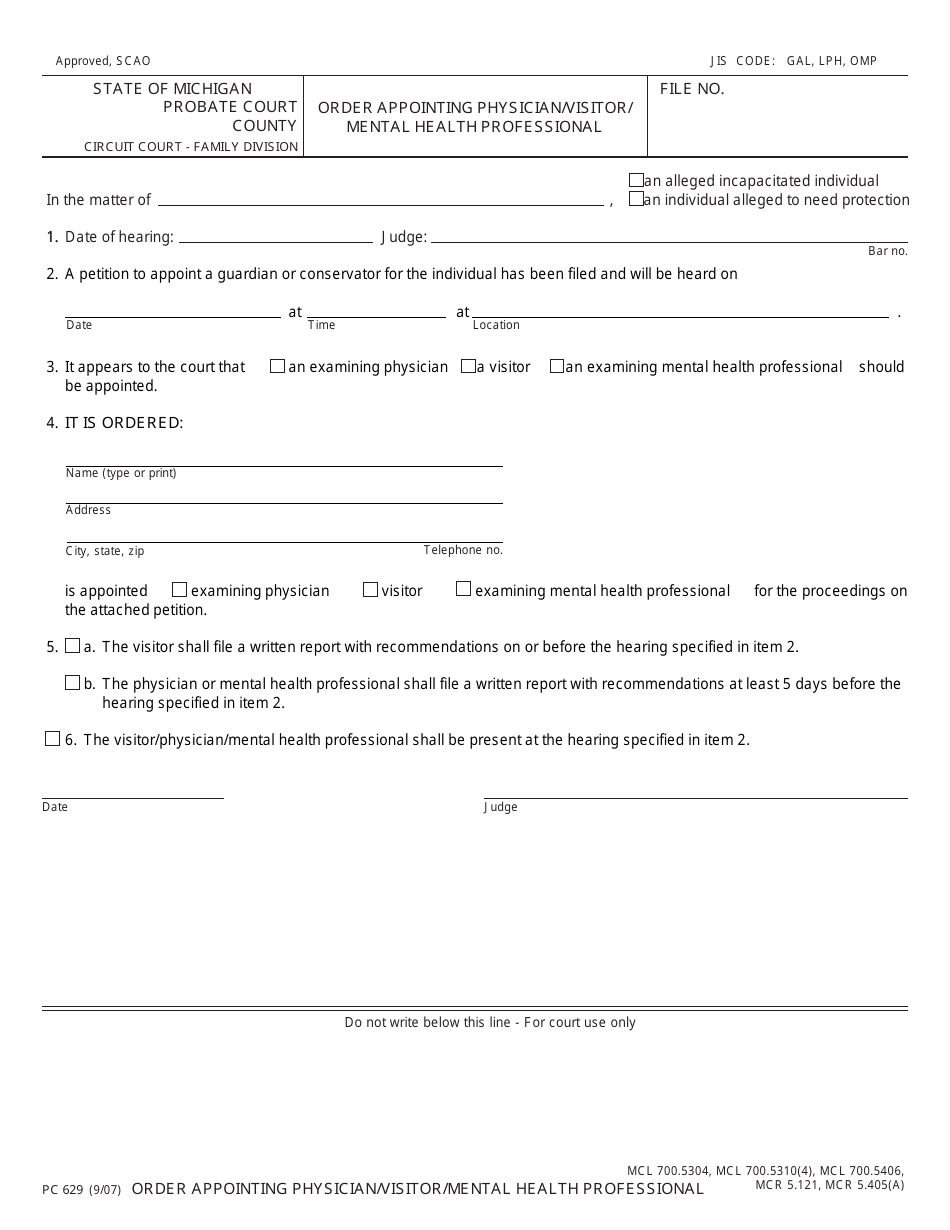 Form PC629 Order Appointing Physician / Visitor / Mental Health Professional - Michigan, Page 1