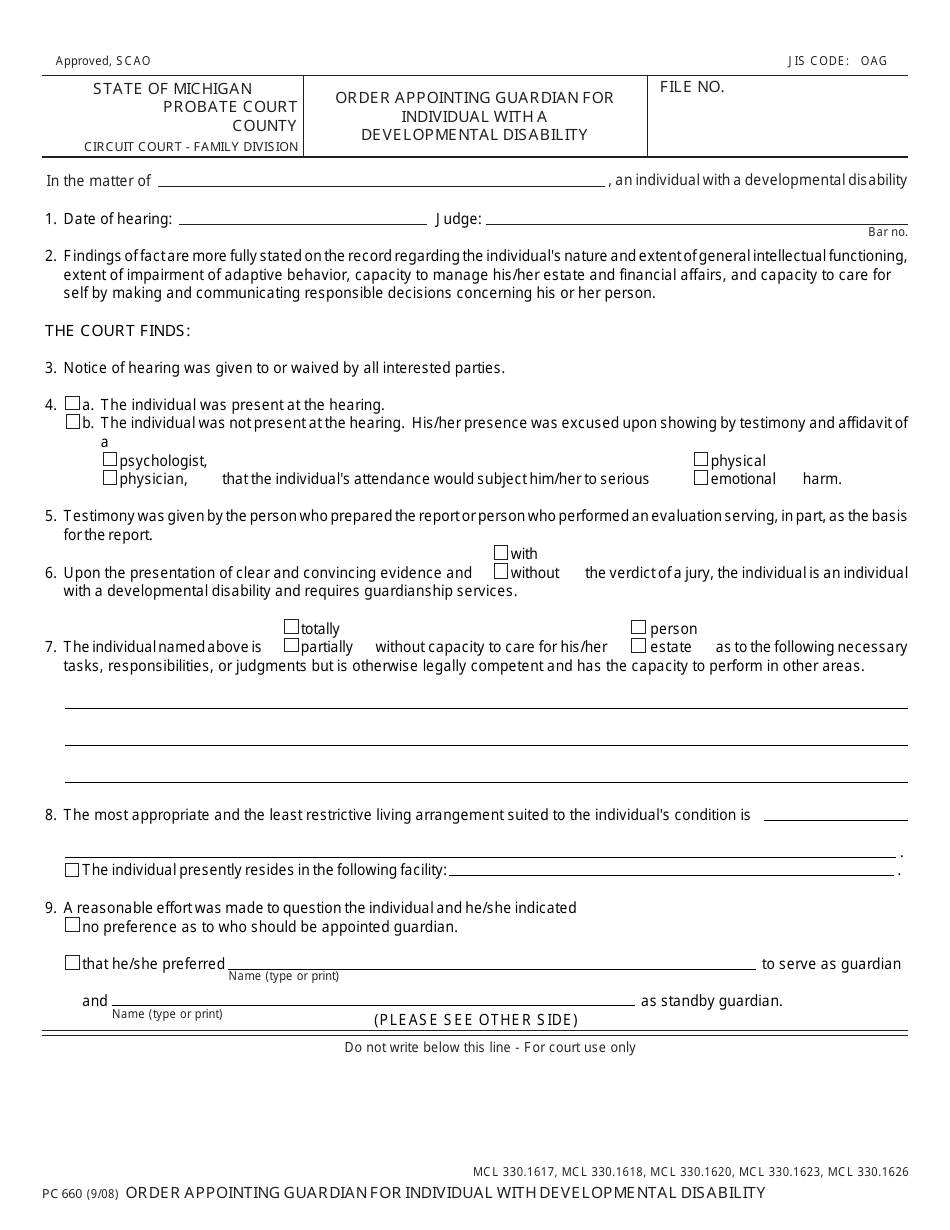 Form PC660 Order Appointing Guardian for Individual With Developmental Disability - Michigan, Page 1