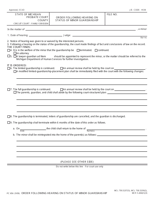 Form PC656 Order Following Hearing on Status of Minor Guardianship - Michigan
