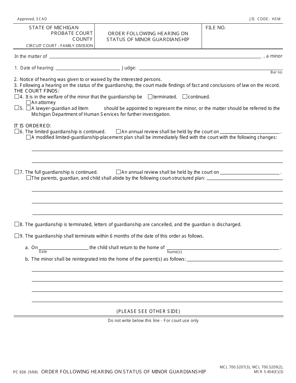 Form PC656 Order Following Hearing on Status of Minor Guardianship - Michigan, Page 1