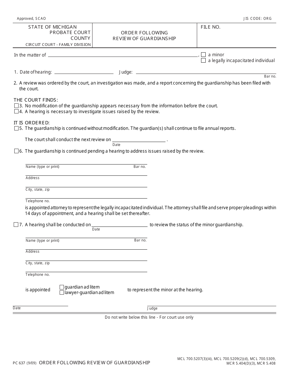 Form PC637 Order Following Review of Guardianship - Michigan, Page 1
