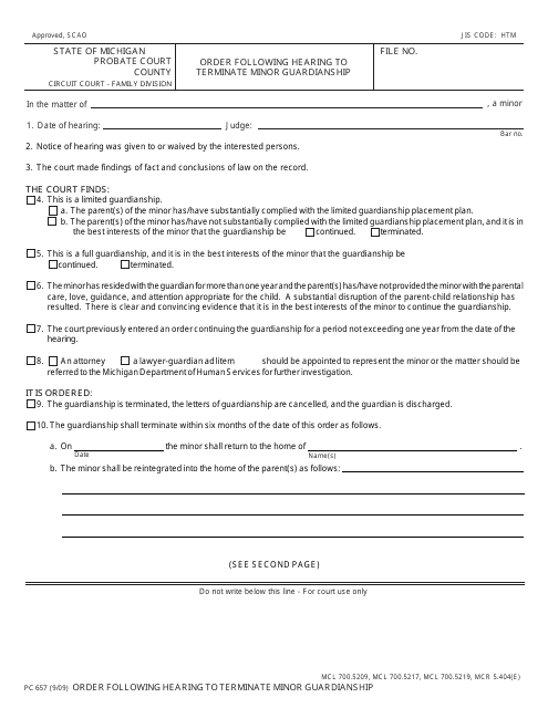 Form PC657 Order Following Hearing to Terminate Minor Guardianship - Michigan