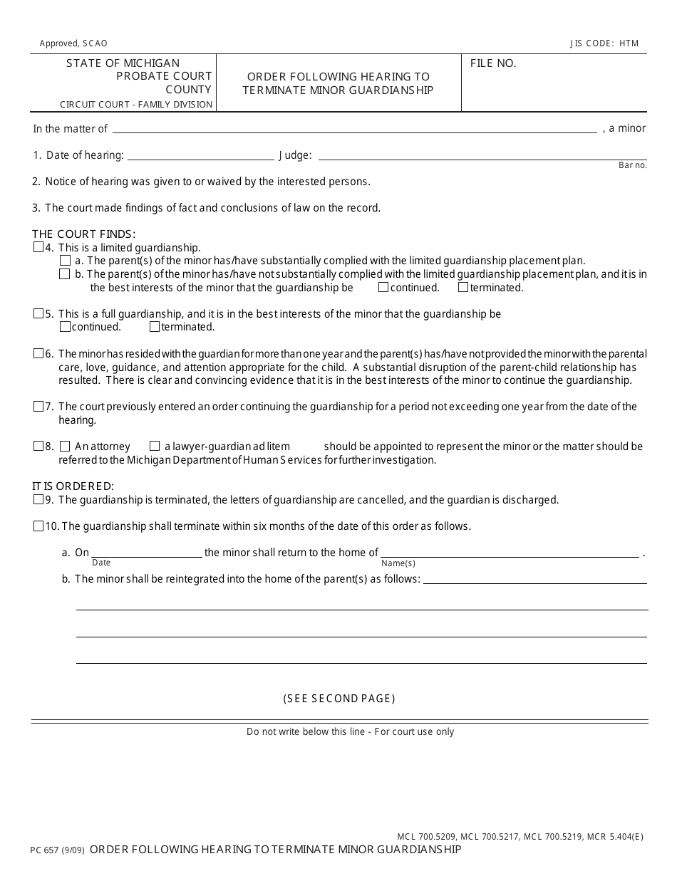 Form PC657 Order Following Hearing to Terminate Minor Guardianship - Michigan, Page 1
