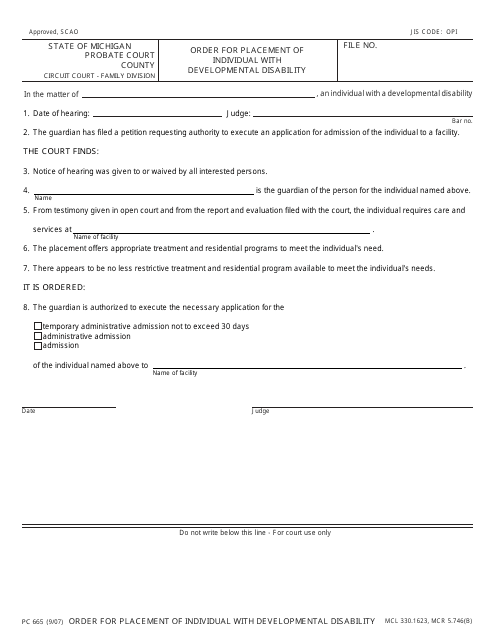 Form PC665 Order for Placement of Individual With Developmental Disability - Michigan