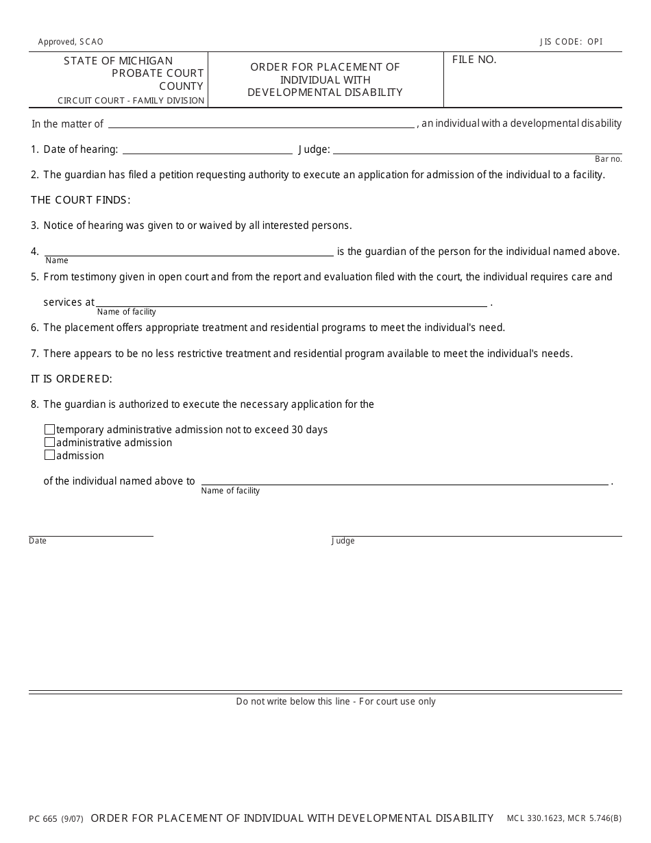 Form PC665 Order for Placement of Individual With Developmental Disability - Michigan, Page 1