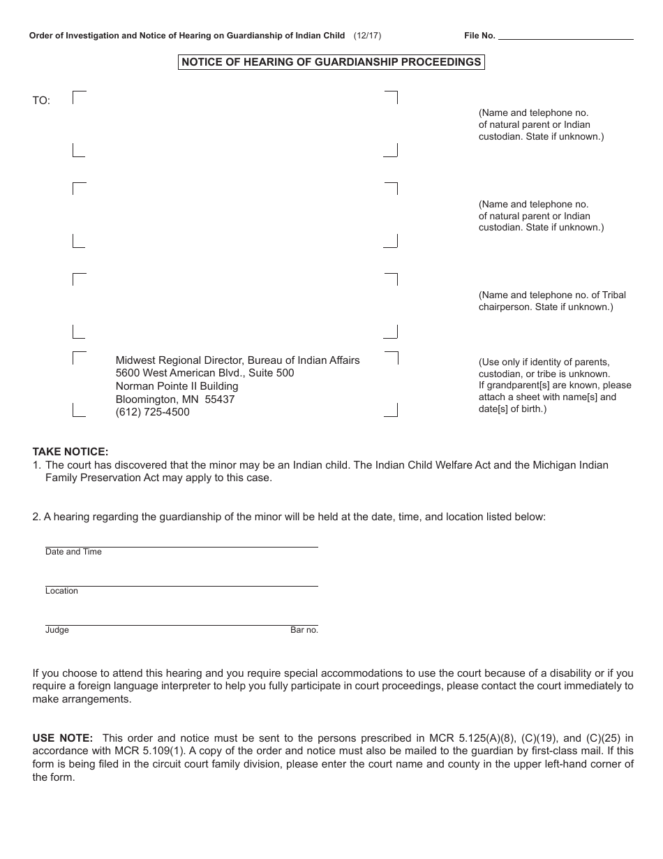 Form PC688 Order of Investigation and Notice of Hearing on Guardianship of Indian Child - Michigan, Page 2