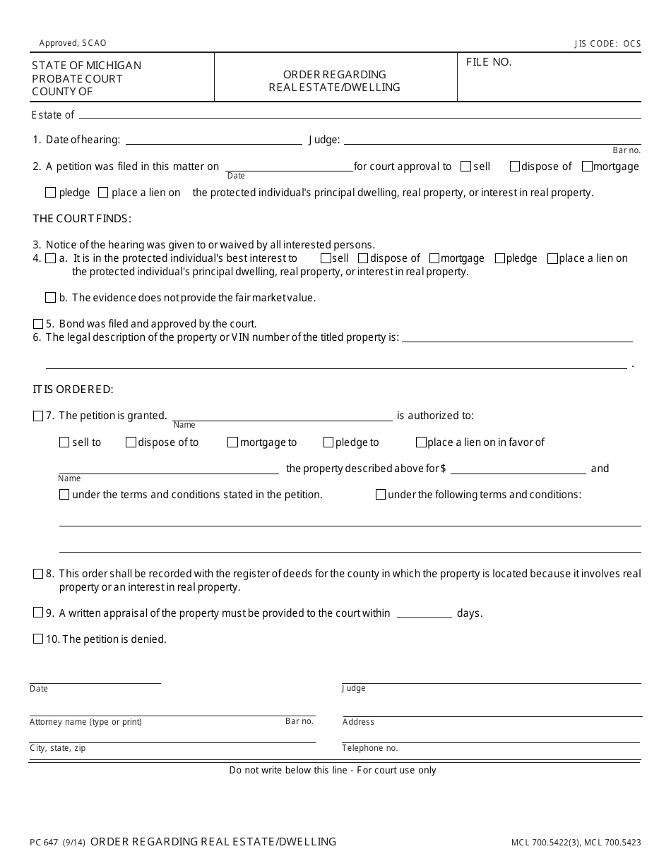 Form PC647 Order Regarding Real Estate / Dwelling - Michigan, Page 1