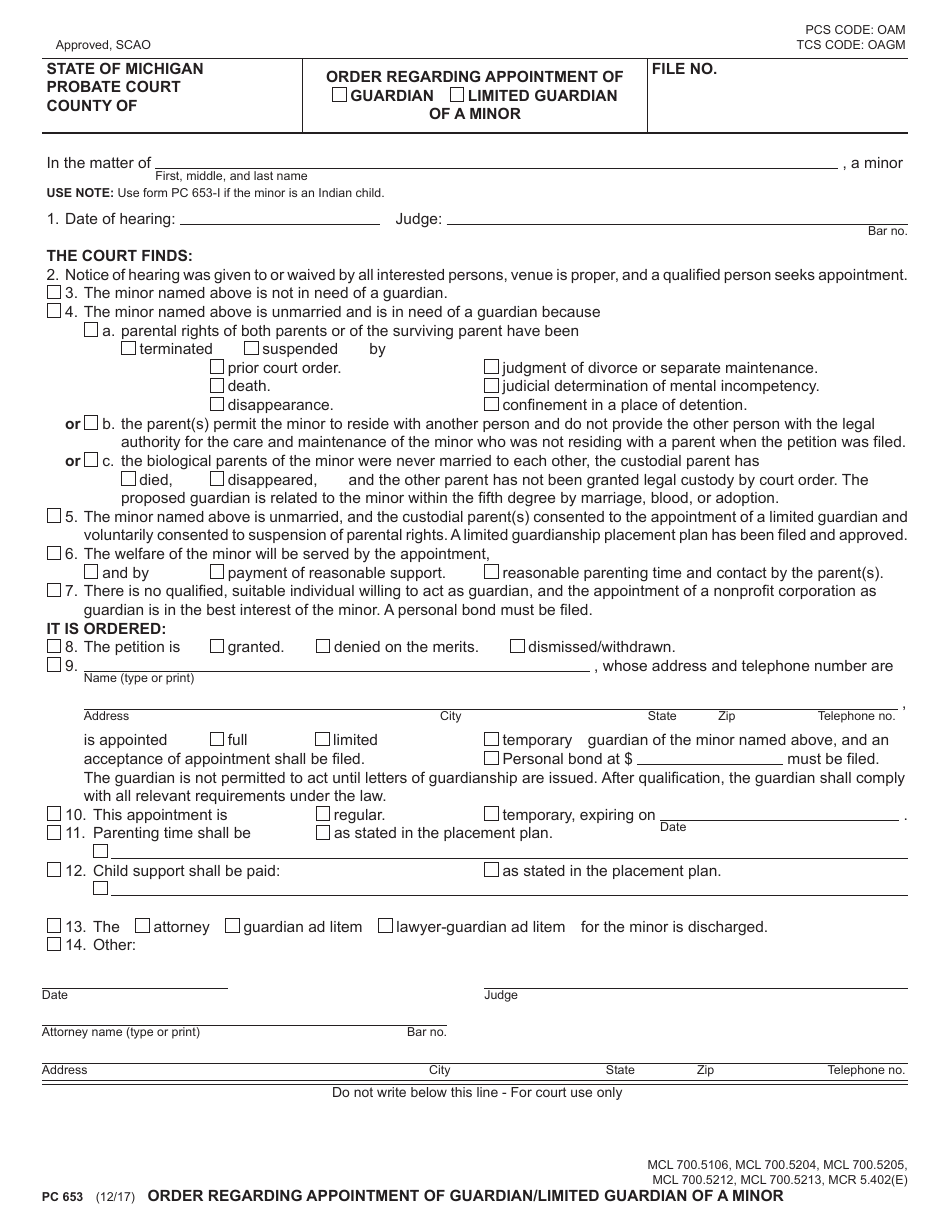Form PC653 Order Regarding Appointment of Guardian / Limited Guardian of a Minor - Michigan, Page 1