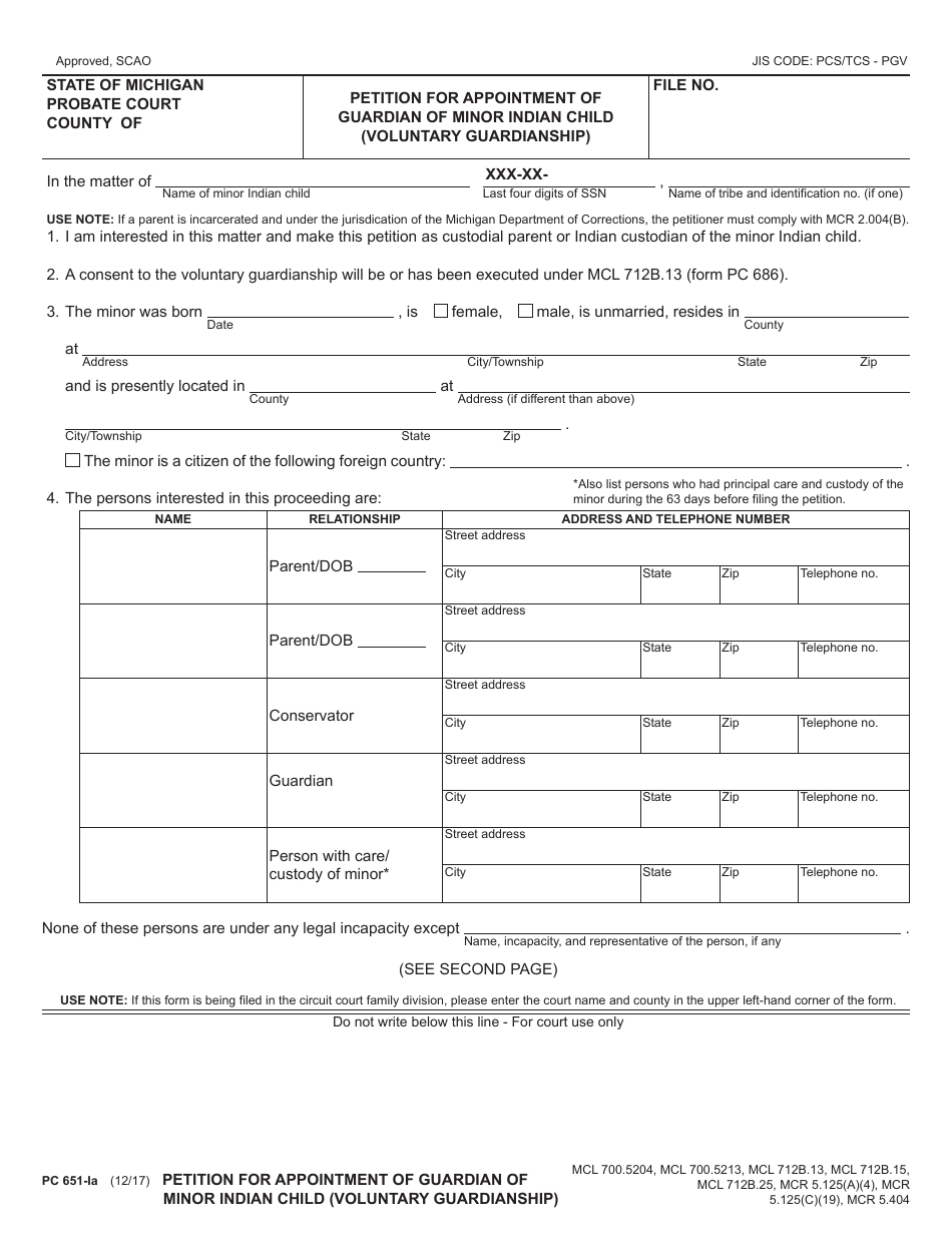 Form PC651-IA Petition for Appointment of Guardian of Minor Indian Child (Voluntary Guardianship) - Michigan, Page 1