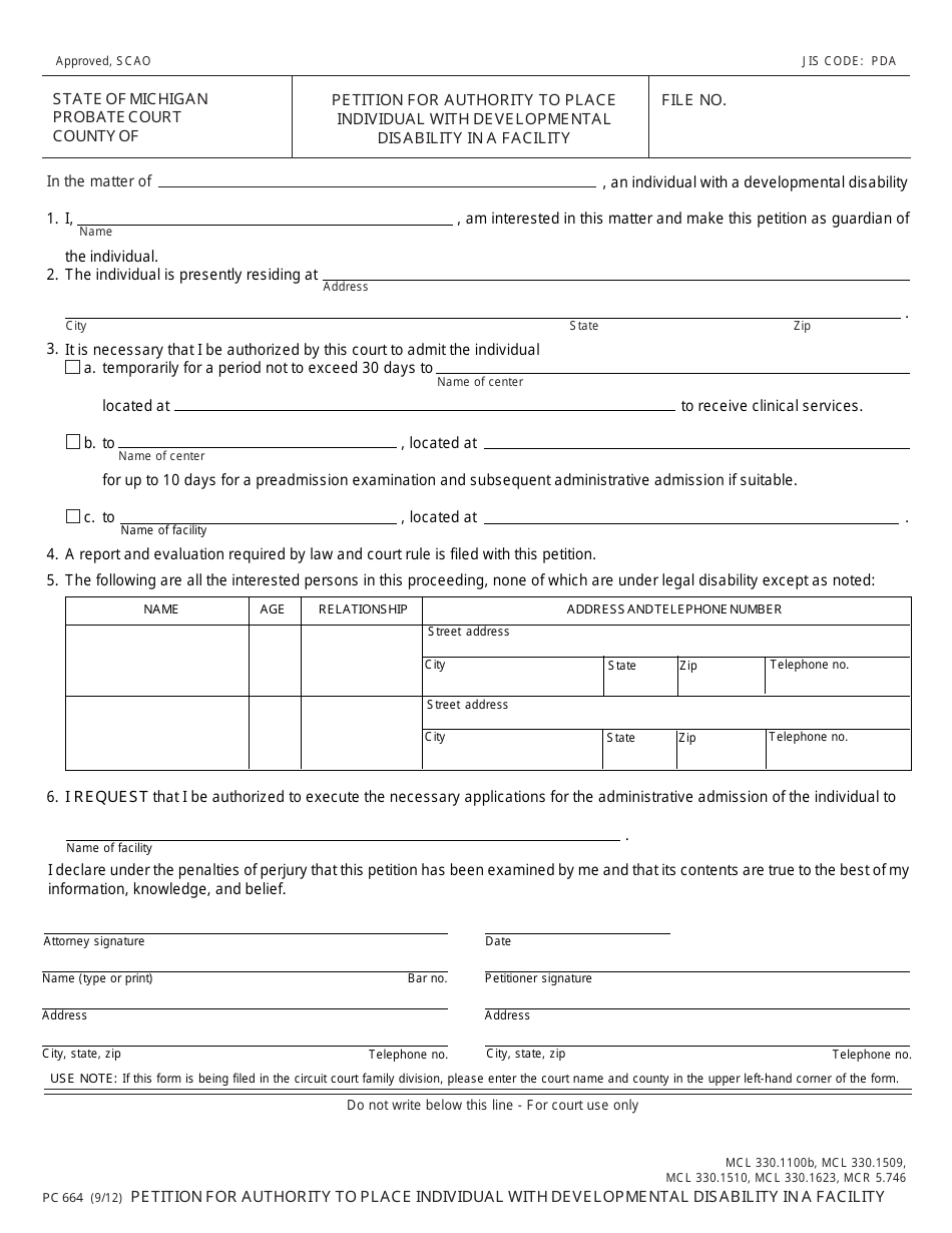 Form PC664 Petition for Authority to Place Individual With Developmental Disability in a Facility - Michigan, Page 1