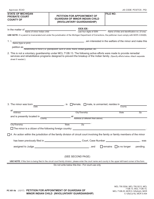 Form PC651-IB Petition for Appointment of Guardian of Minor Indian Child (Involuntary Guardianship) - Michigan