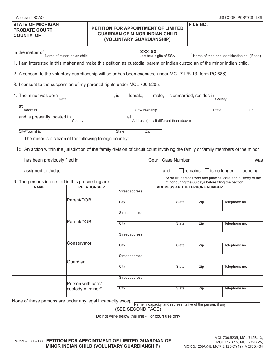 Form PC650-I Petition for Appointment of Limited Guardian of Minor Indian Child (Voluntary Guardianship) - Michigan, Page 1