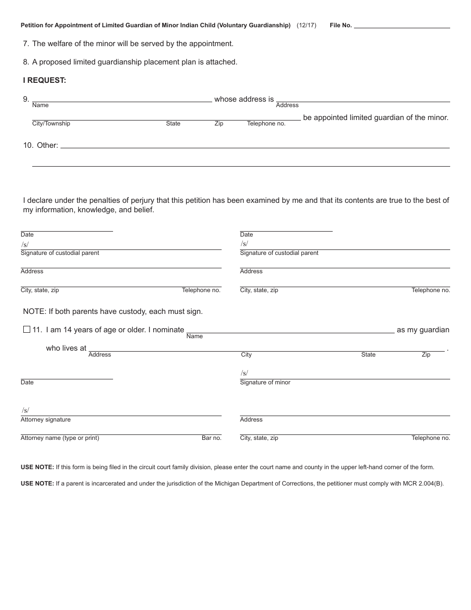 Form PC650-I Petition for Appointment of Limited Guardian of Minor Indian Child (Voluntary Guardianship) - Michigan, Page 2