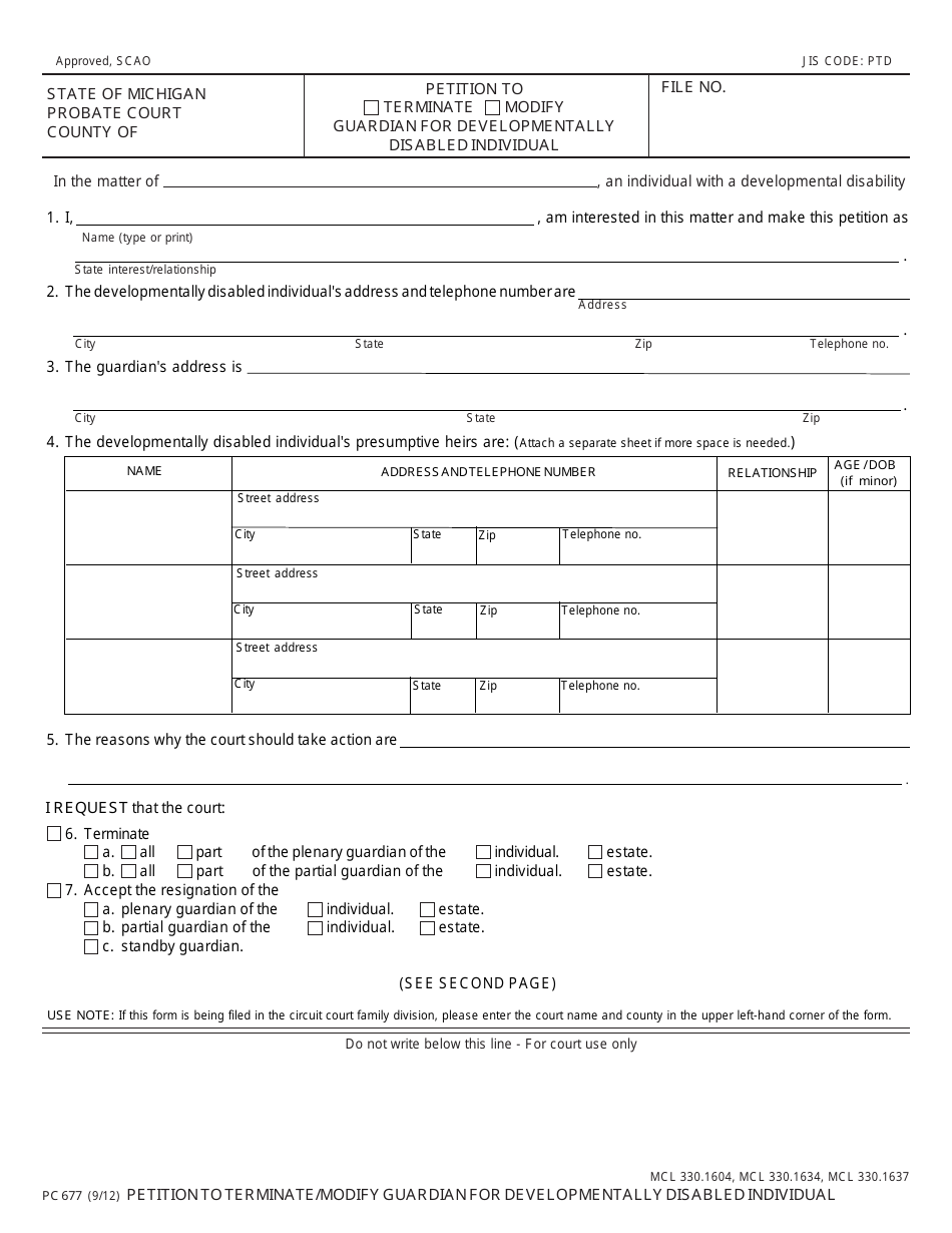 Form PC677 Petition Form to Terminate / Modify Guardian for Developmentally Disabled Individual - Michigan, Page 1