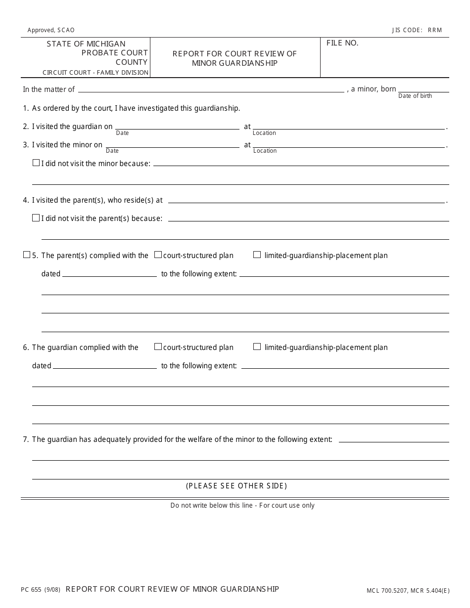 Form PC655 Report for Court Review of Minor Guardianship - Michigan, Page 1
