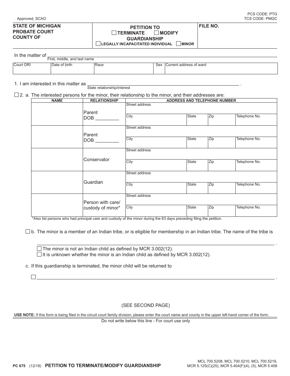 Form PC675 Petition Form to Terminate / Modify Guardianship - Michigan, Page 1