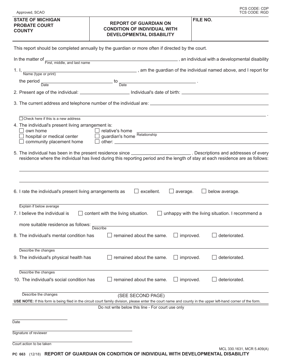Form PC663 Report of Guardian on Condition of Individual With Developmental Disability - Michigan, Page 1