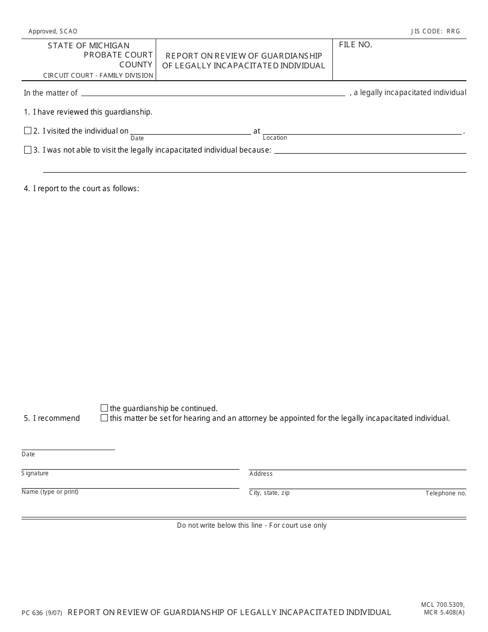 Form PC636 Report on Review Form of Guardianship of Legally Incapacitated Individual - Michigan, Page 1