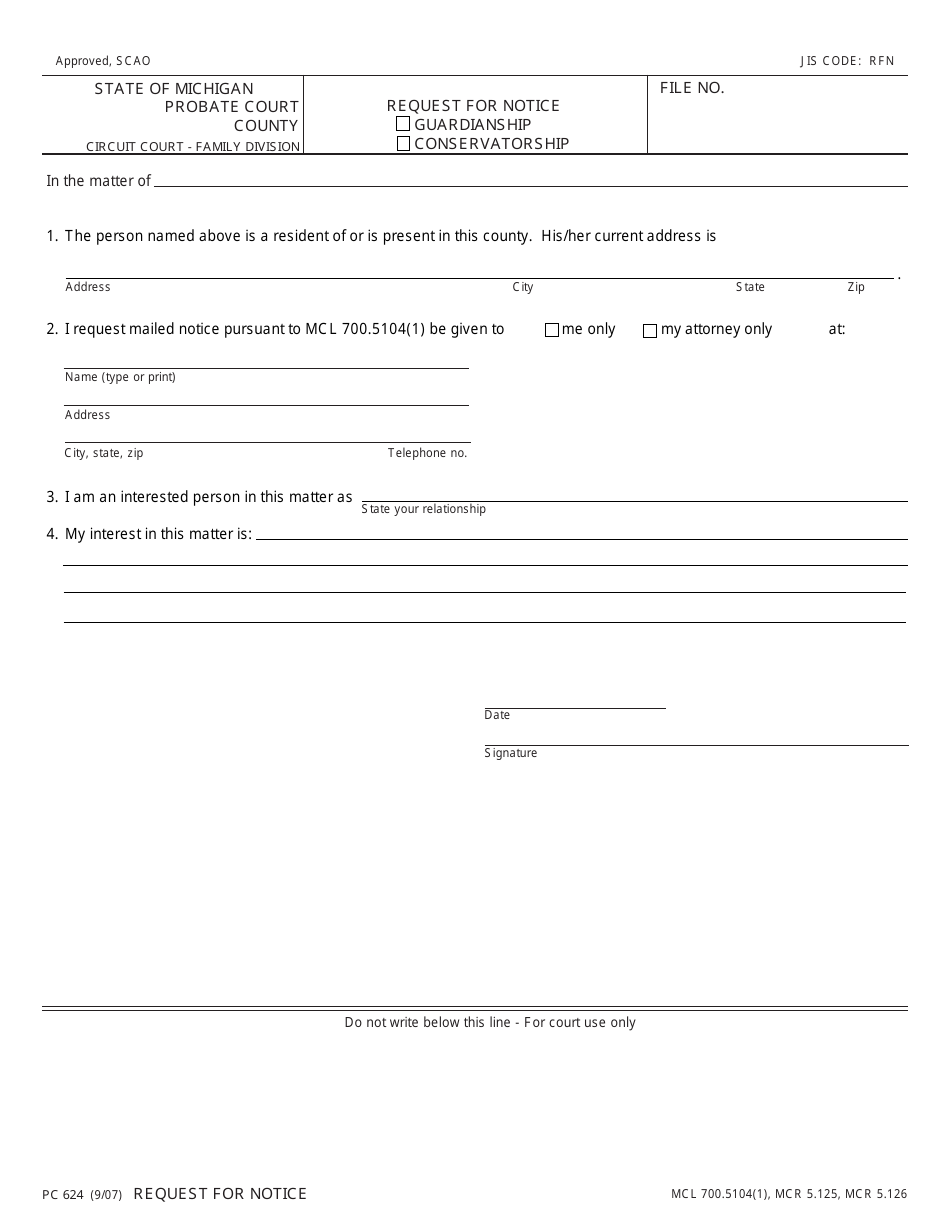 Form PC624 Request for Notice - Michigan, Page 1