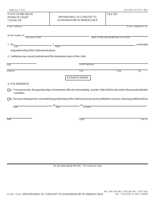 Form PC687 Withdrawal of Consent to Guardianship of Indian Child - Michigan