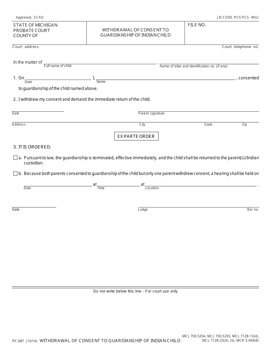 Form PC687 - Fill Out, Sign Online and Download Fillable PDF, Michigan ...