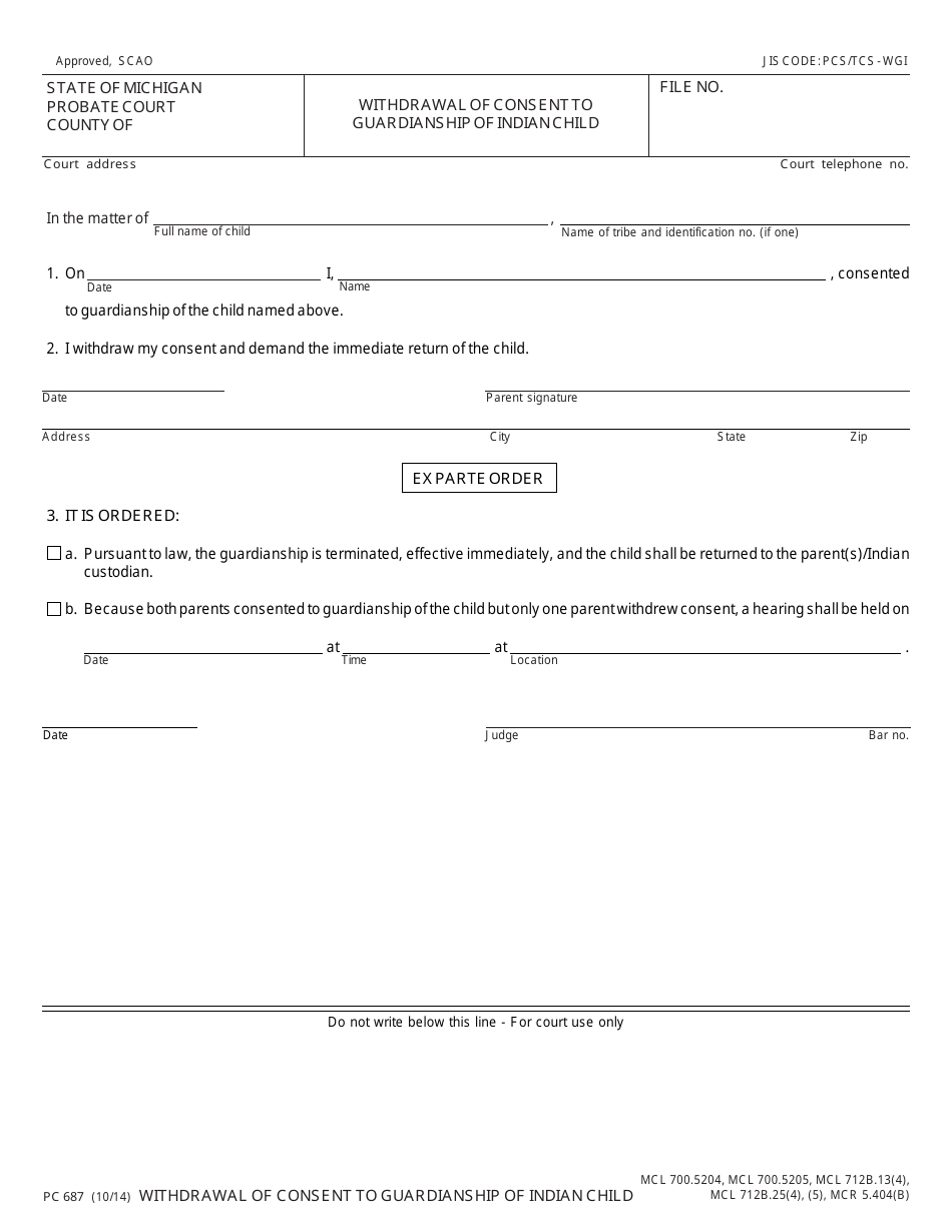 Form PC687 Withdrawal of Consent to Guardianship of Indian Child - Michigan, Page 1