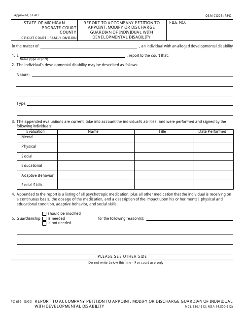 Form PC659 Report Form to Accompany Petition to Appoint, Modify or Discharge Guardian of Individual With Developmental Disability - Michigan