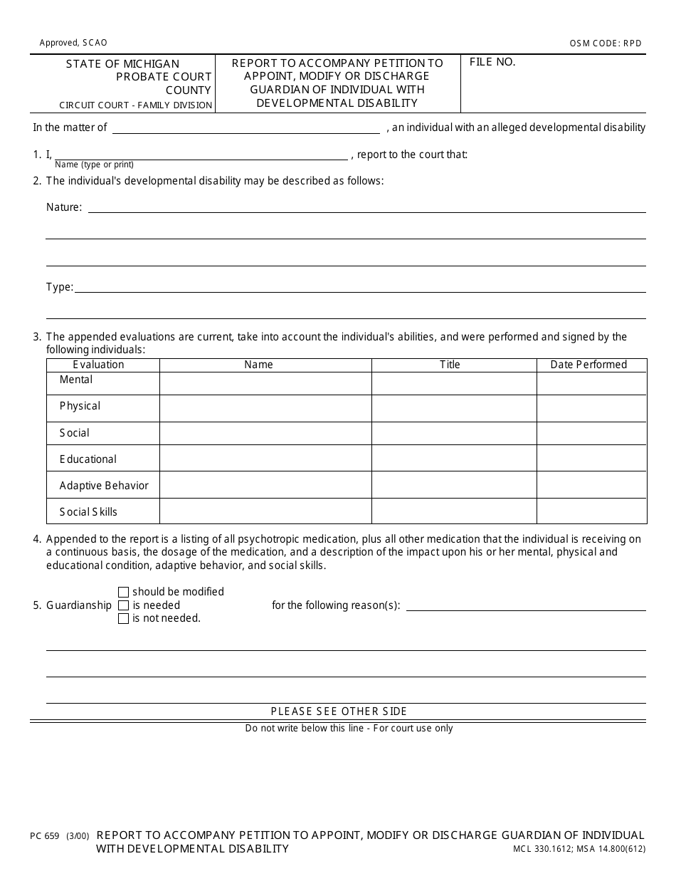 Form PC659 Report Form to Accompany Petition to Appoint, Modify or Discharge Guardian of Individual With Developmental Disability - Michigan, Page 1