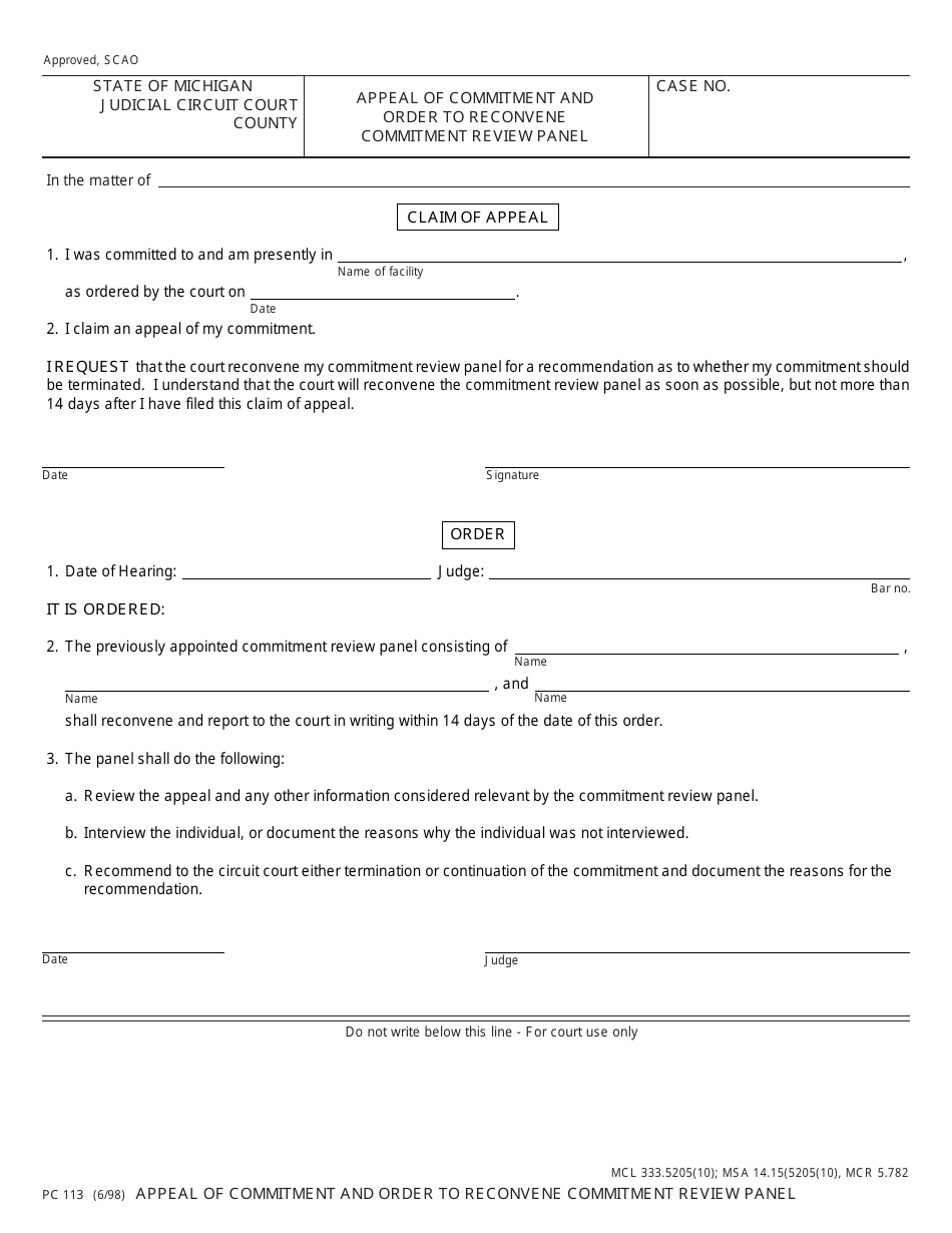 Form PC113 Appeal of Commitment and Order to Reconvene Commitment Review Panel - Michigan, Page 1
