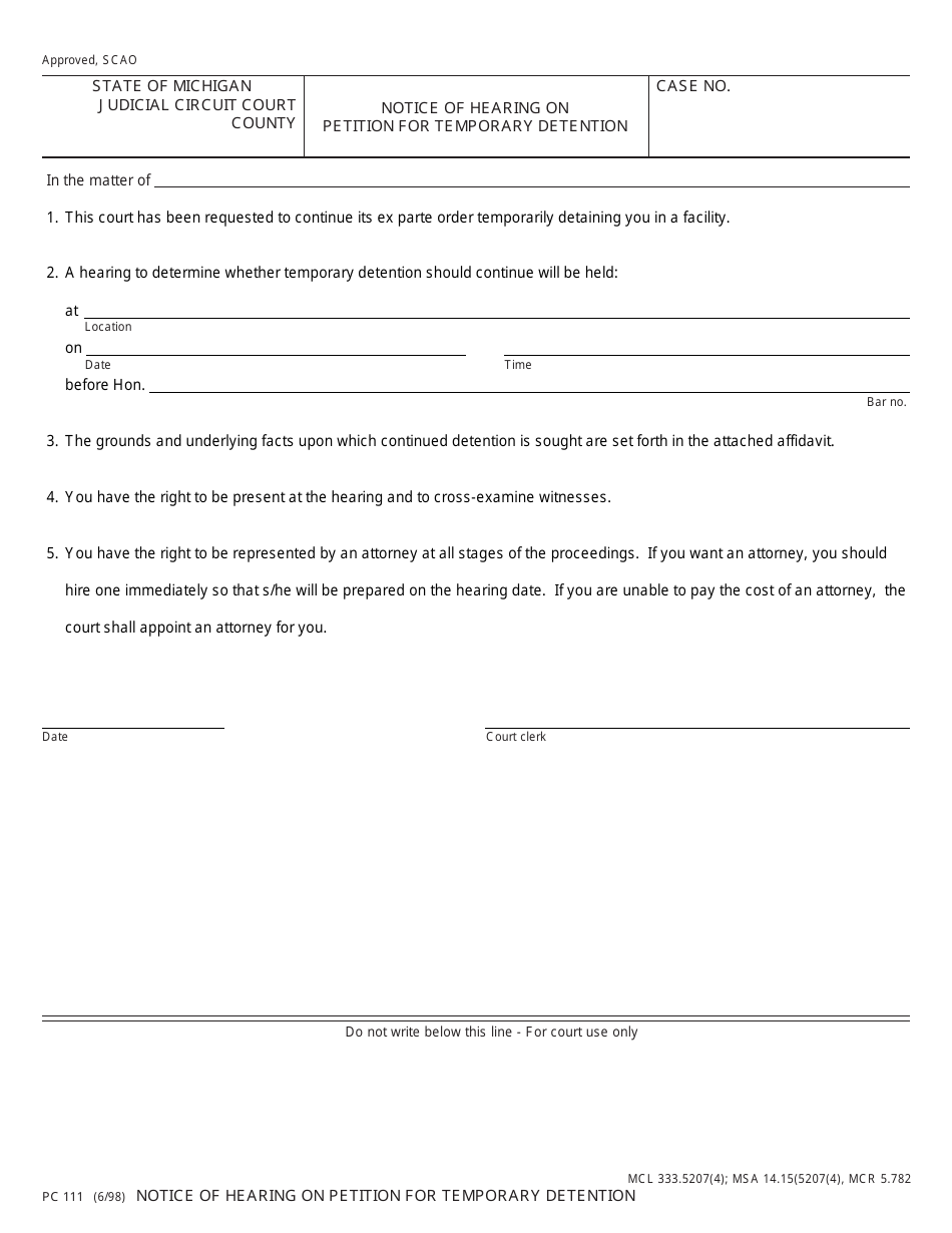 Form Pc111 Download Fillable Pdf Or Fill Online Notice Of Hearing On Petition For Temporary Detention Michigan Templateroller Form Pc111 Download Fillable Pdf Or Fill Online Notice Of Hearing On Petition For Temporary Detention Michigan Templateroller