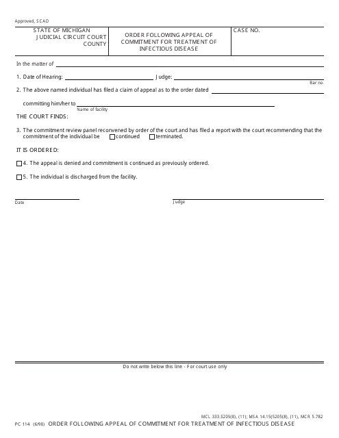 Form PC114 Order Following Appeal of Commitment for Treatment of Infectious Disease - Michigan