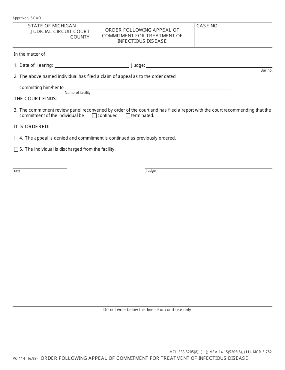 Form PC114 Order Following Appeal of Commitment for Treatment of Infectious Disease - Michigan, Page 1