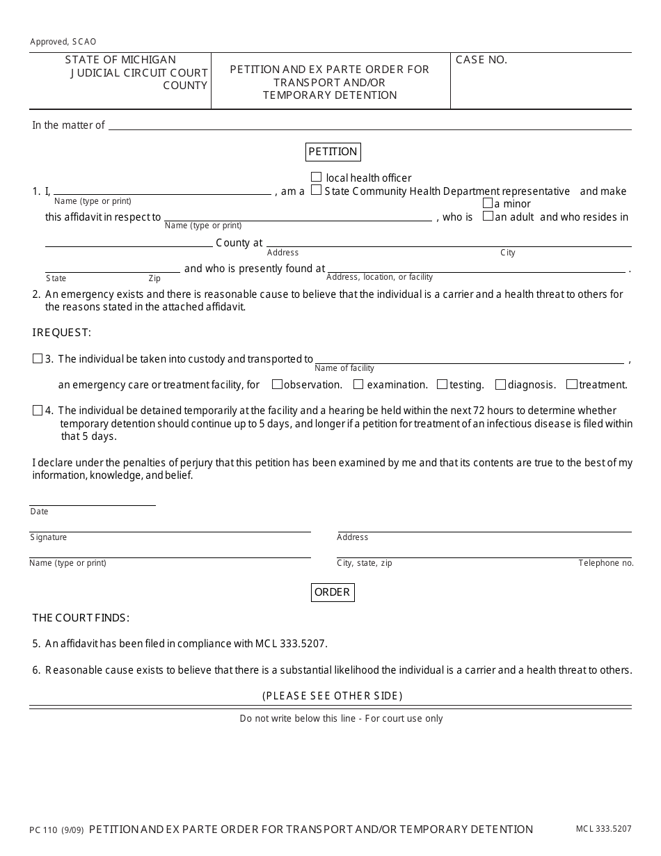 Form PC110 Petition and Ex Parte Order for Transport and/or Temporary Detention - Michigan, Page 1