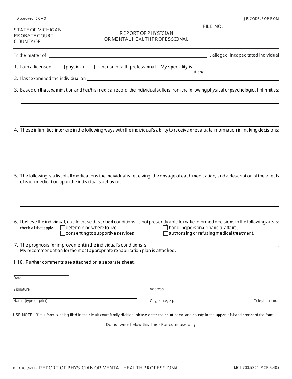 Form PC630 Report of Physician or Mental Health Professional - Michigan, Page 1