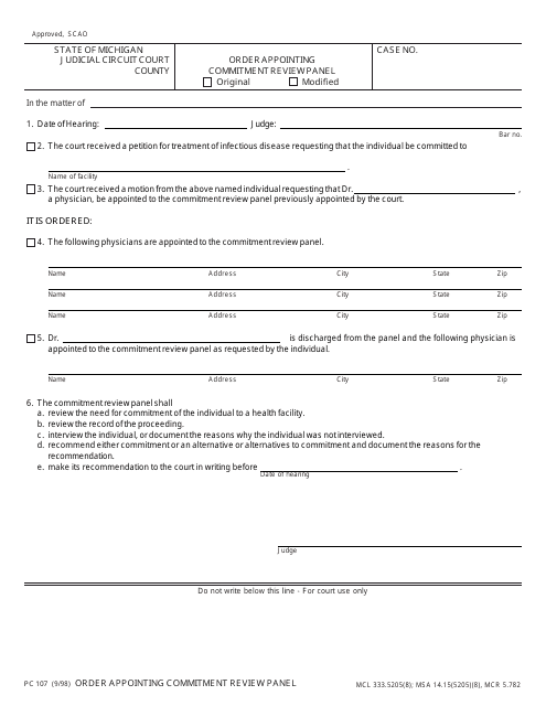 Form PC107 Order Appointing Commitment Review Panel - Michigan
