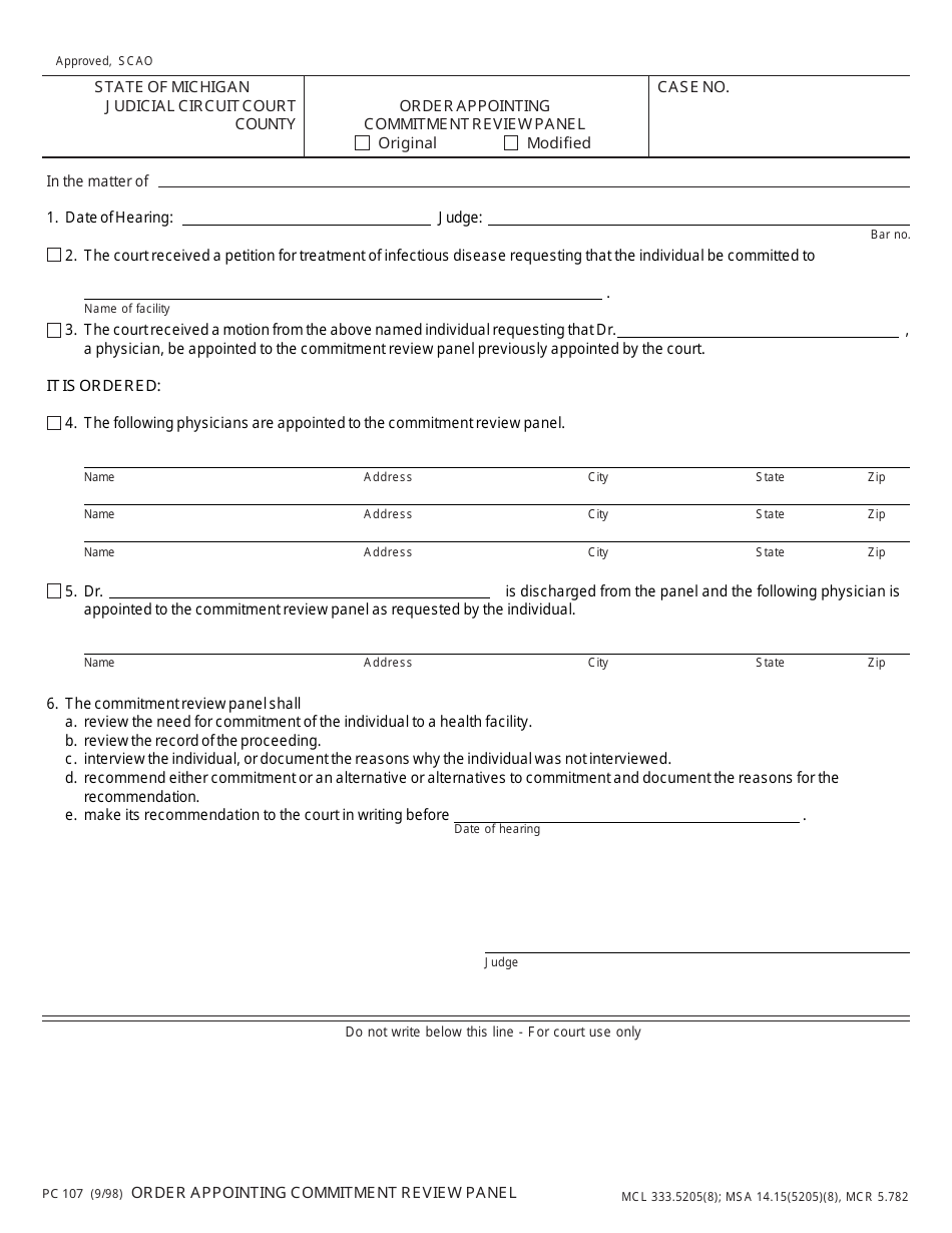 Form PC107 - Fill Out, Sign Online and Download Fillable PDF, Michigan ...