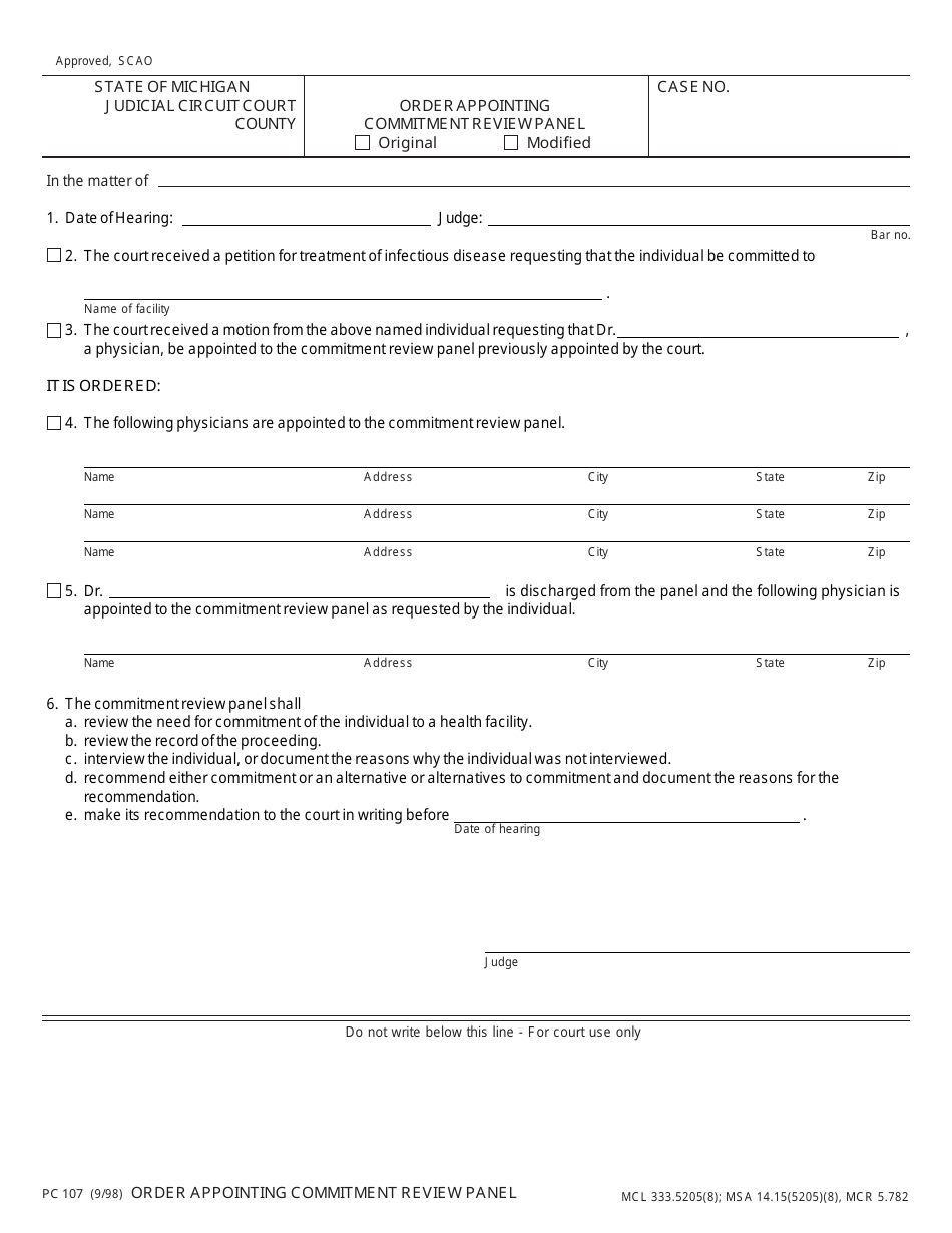 Form PC107 Order Appointing Commitment Review Panel - Michigan, Page 1