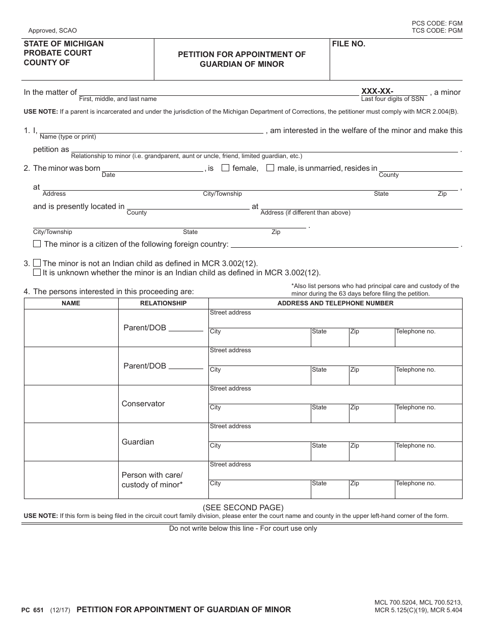 Form PC651 Petition for Appointment of Guardian of Minor - Michigan, Page 1