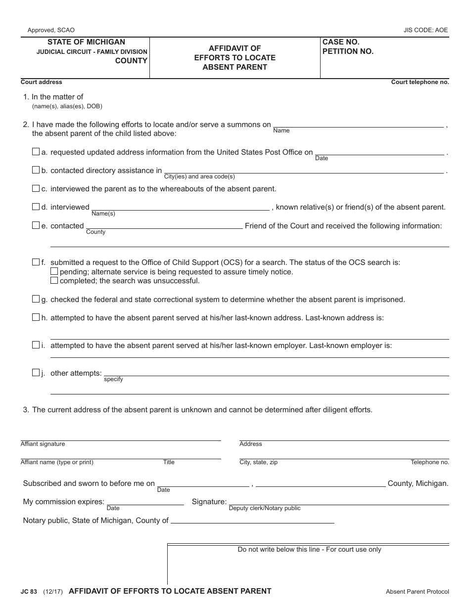 Form JC83 Affidavit of Efforts to Locate Absent Parent - Michigan, Page 1