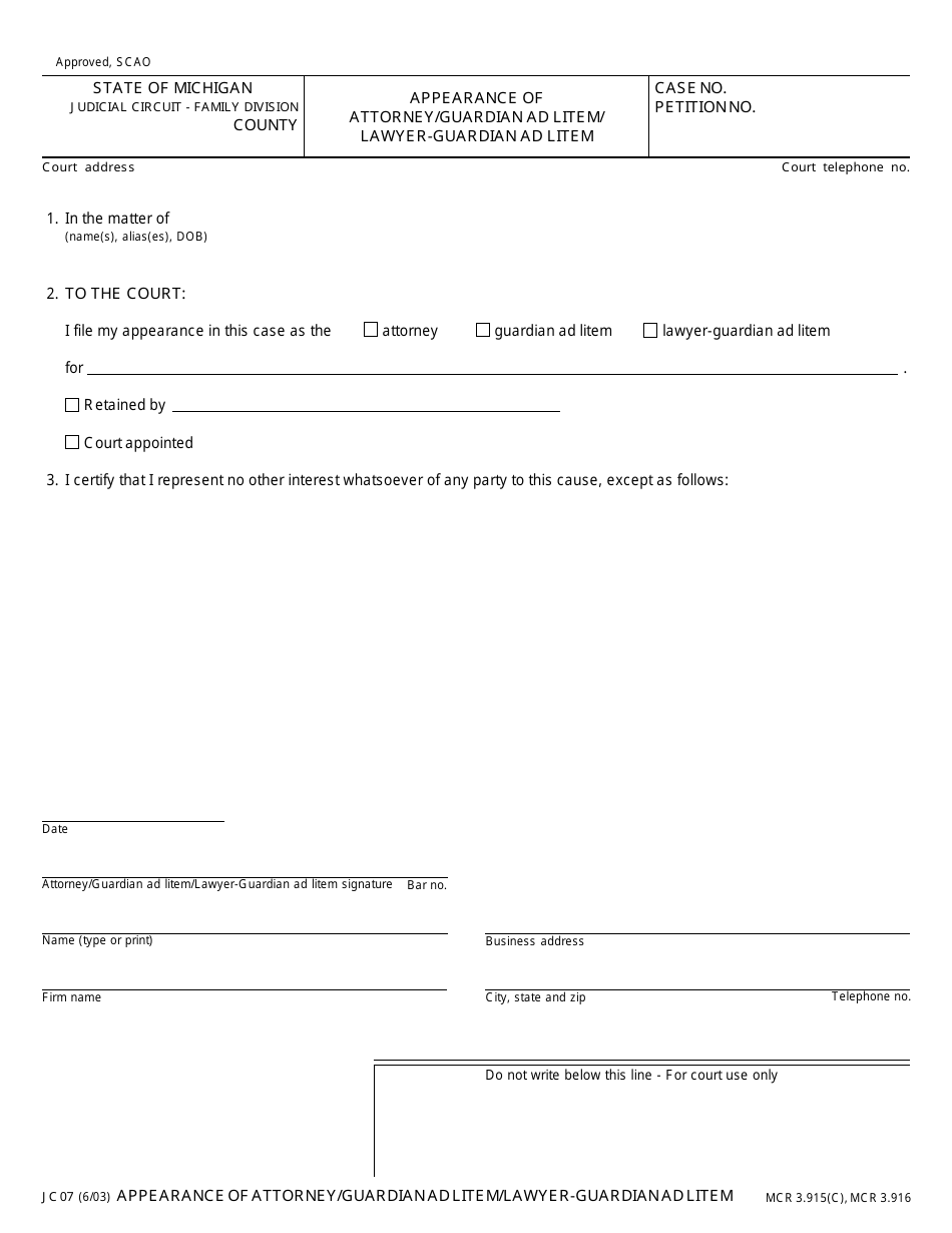 Form JC07 Appearance of Attorney / Guardian Ad Litem / Lawyer-Guardian Ad Litem - Michigan, Page 1